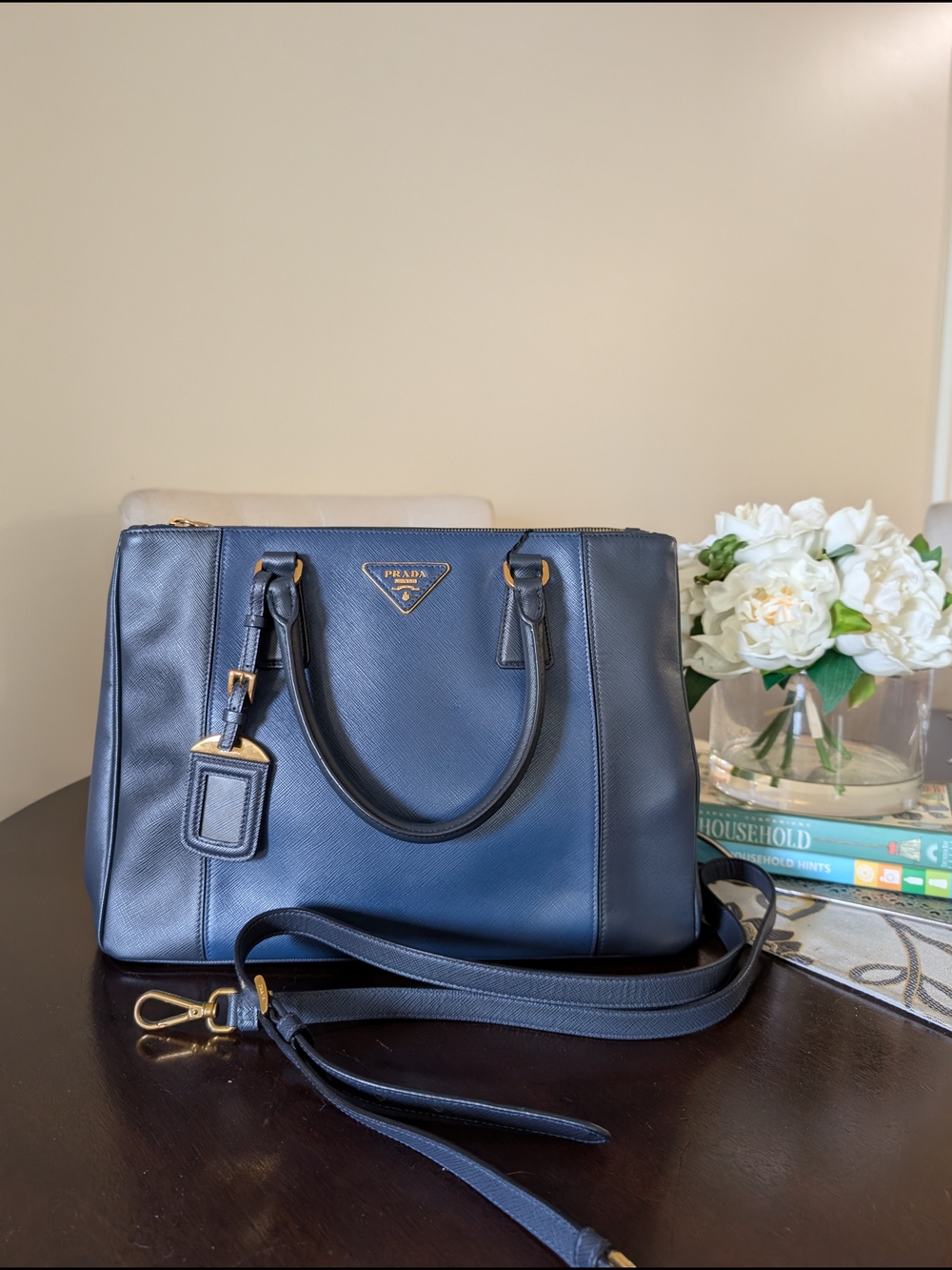 Prada Navy Saffiano Leather Tote with Gold Hardware - Picture 10 of 16